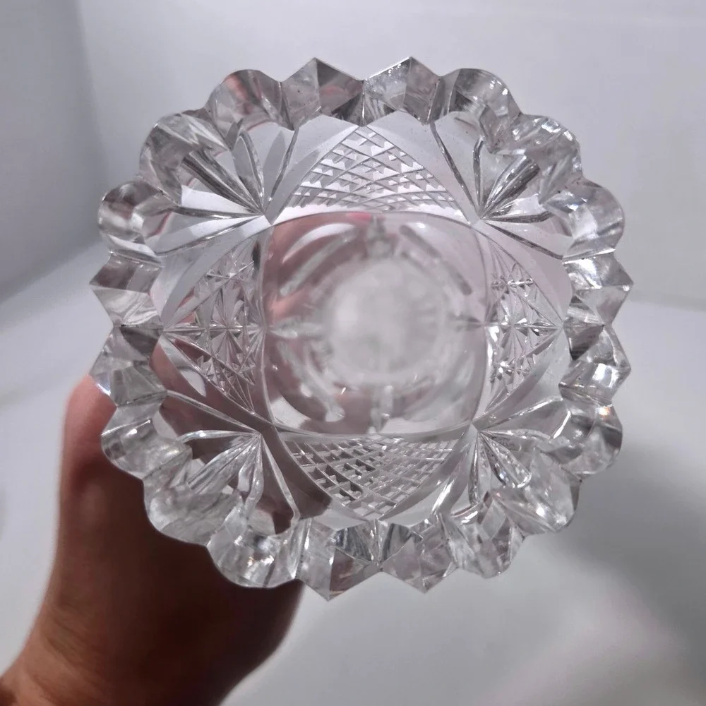 Antique American Brilliant Cut Glass Trumpet Vase Hobstar Punty Sawtooth Rim